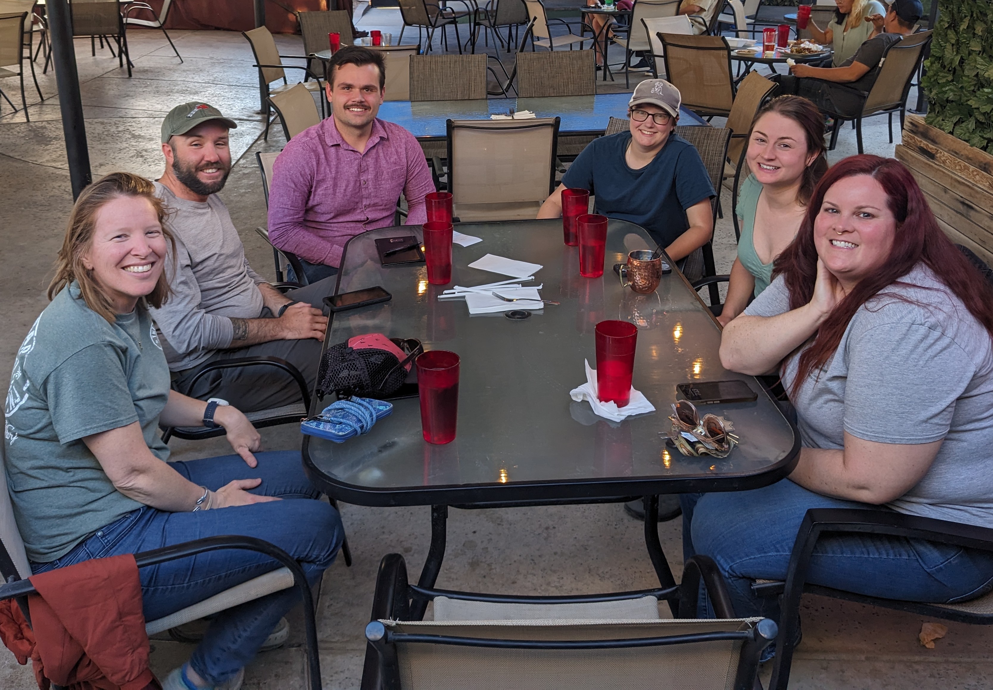 May 2025 lab photo of Theresa Laverty, Matt Becker, Taylor Pichler, Morgan Monroe, Iona Rohan, and Holly Whited. Missing Brandi Stevenson.