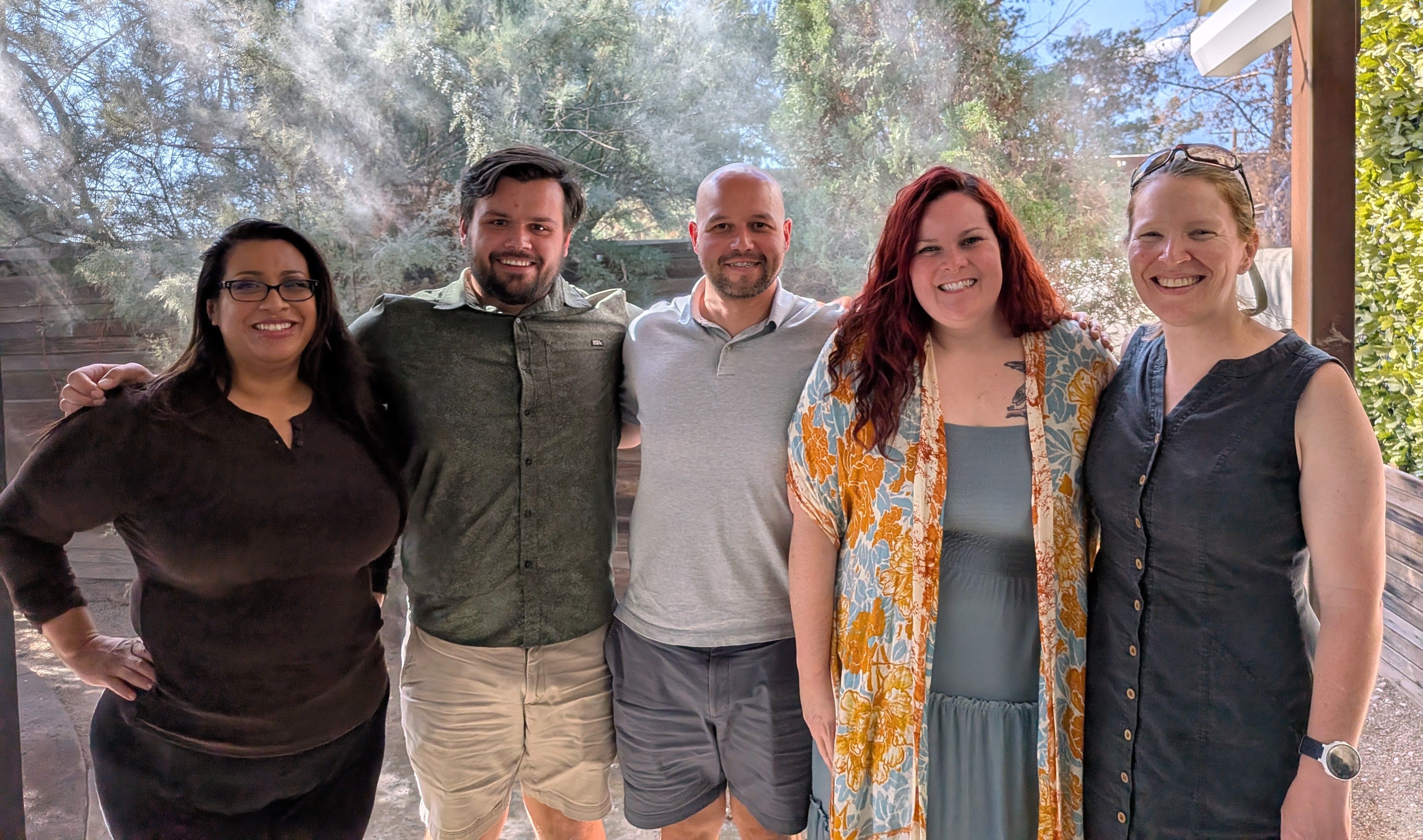 July 2026 lab photo of Flor Calderón, Taylor Pichler, Ryan Moore, Holly Whited, and Theresa Laverty. Missing Matt Becker and Melanie Solis Alvarez.